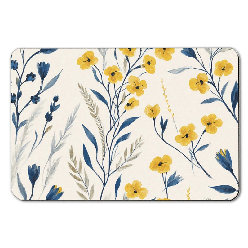 Élégant tapis de bain à motif floral jaune et bleu marine, 36 x 24