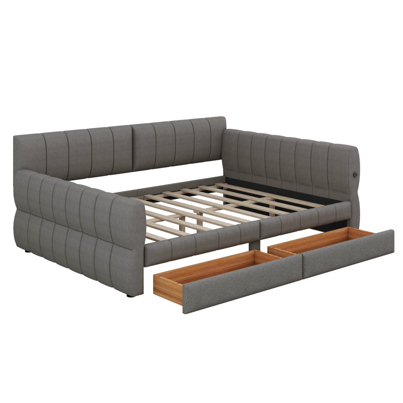 Queen Size Upholstered Platform Bed With USB And 2 Drawers, No Box Spring Needed, Easy To Assemble, Gray