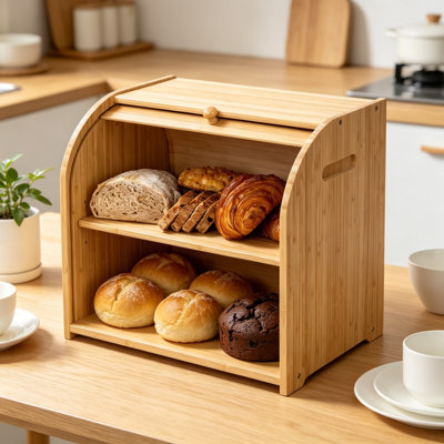 Bamboo Bread Box for Kitchen Countertop with Roll-Top Lid and Adjustable Middle Shelf, Large Capacity Bread Storage Container for 2 Loaves, Muffins, and Baked Goods
