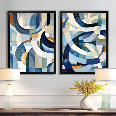 «Cubist White Blue Reality I», art mural sur toile géométrique, abstrait moderne 2 pièces
