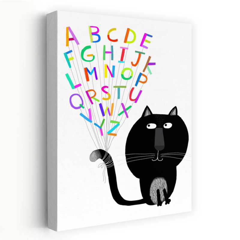Cute Black Cat With Alphabet Letters By Carla Daly Colorful Whimsical Contemporary Cat Wall Art Print, 45.72cm H x 30.48cm W