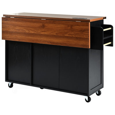 54.5" Farmhouse Kitchen Island With Power Outlet, Kitchen Storage Island With Internal Storage Rack, Drop Leaf, Spice Rack, Rolling Kitchen Cart On Wh by Ophelia & Co.
