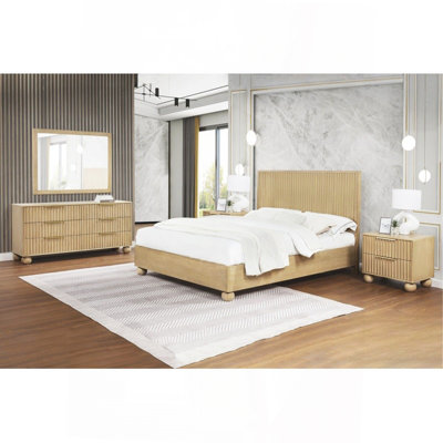 Modern Light Oak Wood 5Pc Bedroom Furniture Set, Queen Size Platform Bed, Dresser Mirror And 2X Nightstand
