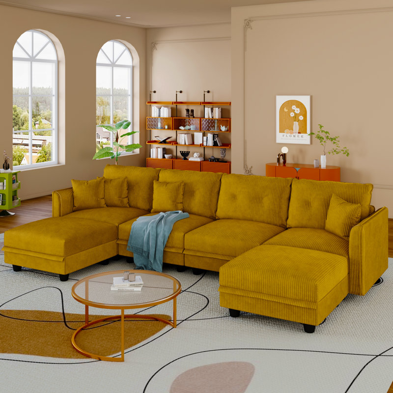 6 Seat Corduroy Convertible Modular Sectional Sofa With Storage, 4 Back Cushion 4 Throw Pillow, Yellow Corduroy