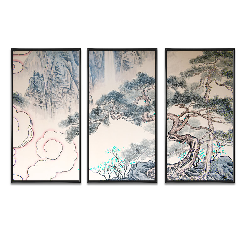Arbre chinois chinois, art mural sur toile à motif floral, ensemble de 3, H 32 po x l 48 po