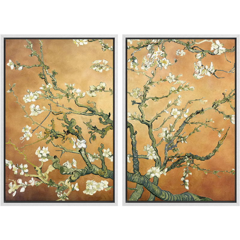 «Amandier en fleurs» par Vincent van Gogh, H 24 po x l 32 po x P 1,5 po, Terre cuite douce, Cadre blanc
