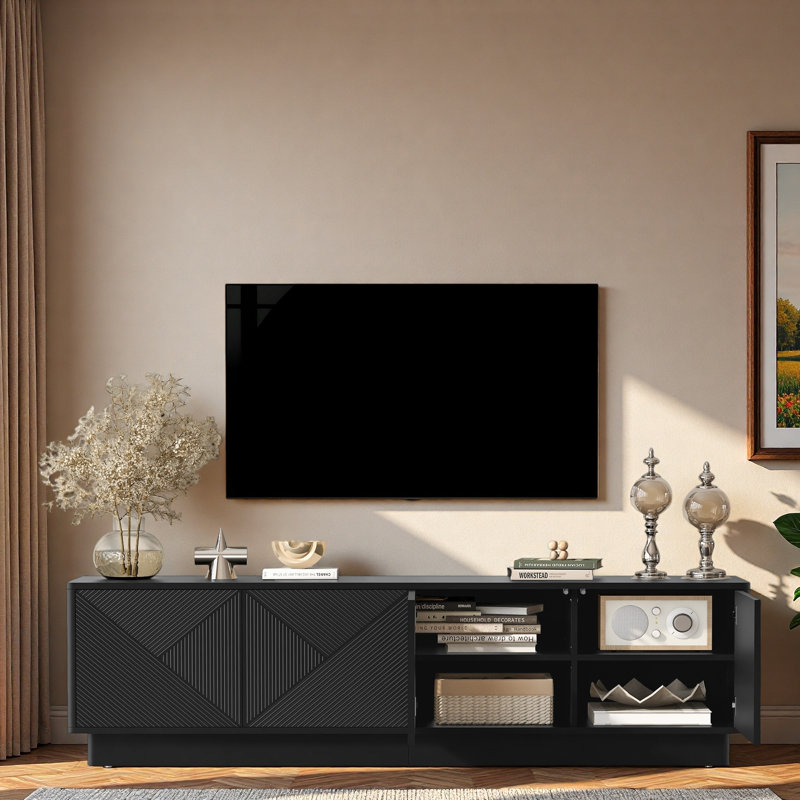 Meuble télé élégant avec portes à motif ondulé, tablettes réglables et bande à DEL, Black
