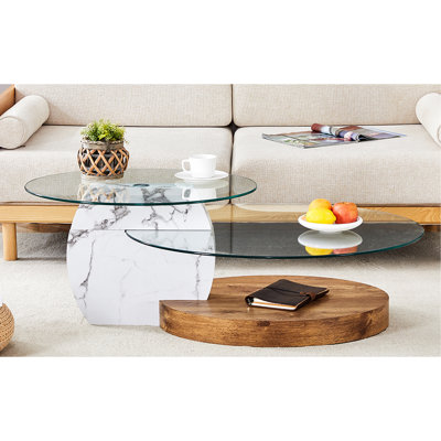 Table basse artistique unique avec fusion de marbre blanc et de grain de bois, verre trempé de haute qualité, pieds stables, double couche d'extrémité à plusieurs couleurs avec texture créative, usure ovale, design glissant
