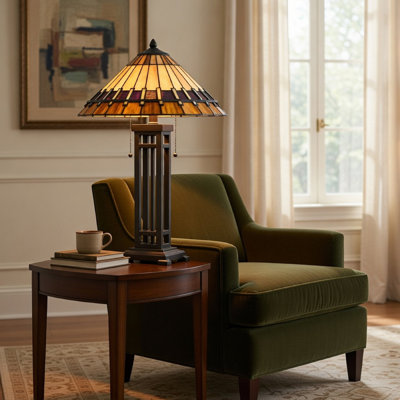 Eli Table Lamp, Tiffany Stained Glass Shade, Hand Painted Design, Bronze
