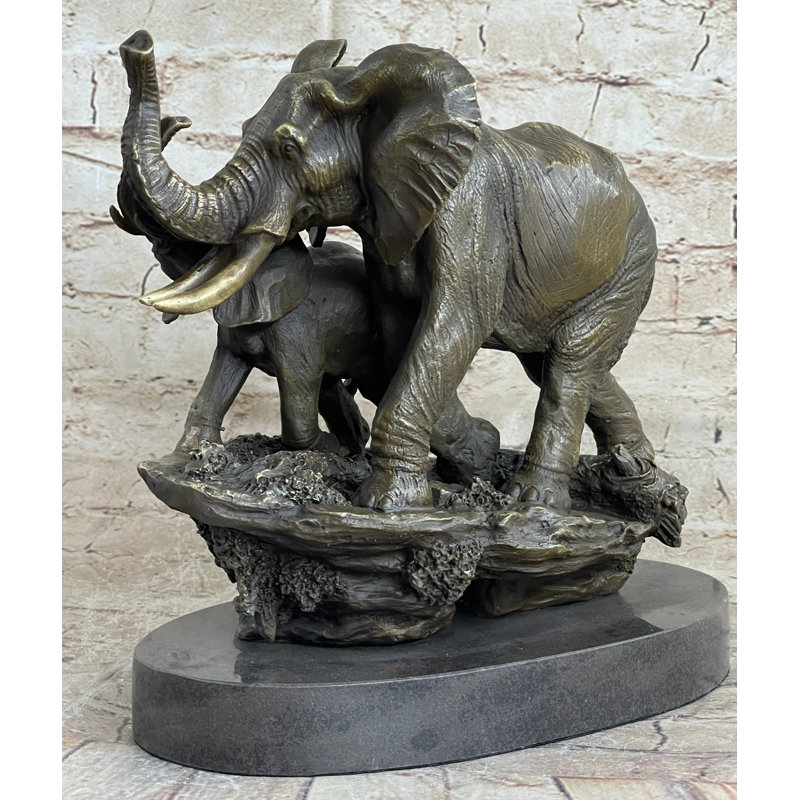 Sculpture statue Zophie mère et enfant éléphant en bronze 10 po x 12 po