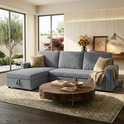83" Convertible Sectional Sleeper Sofa with Pull Out Couch Bed, 4-in-1 Corduroy Cloud Couch with Storage Chaise and USB Charging, Grey