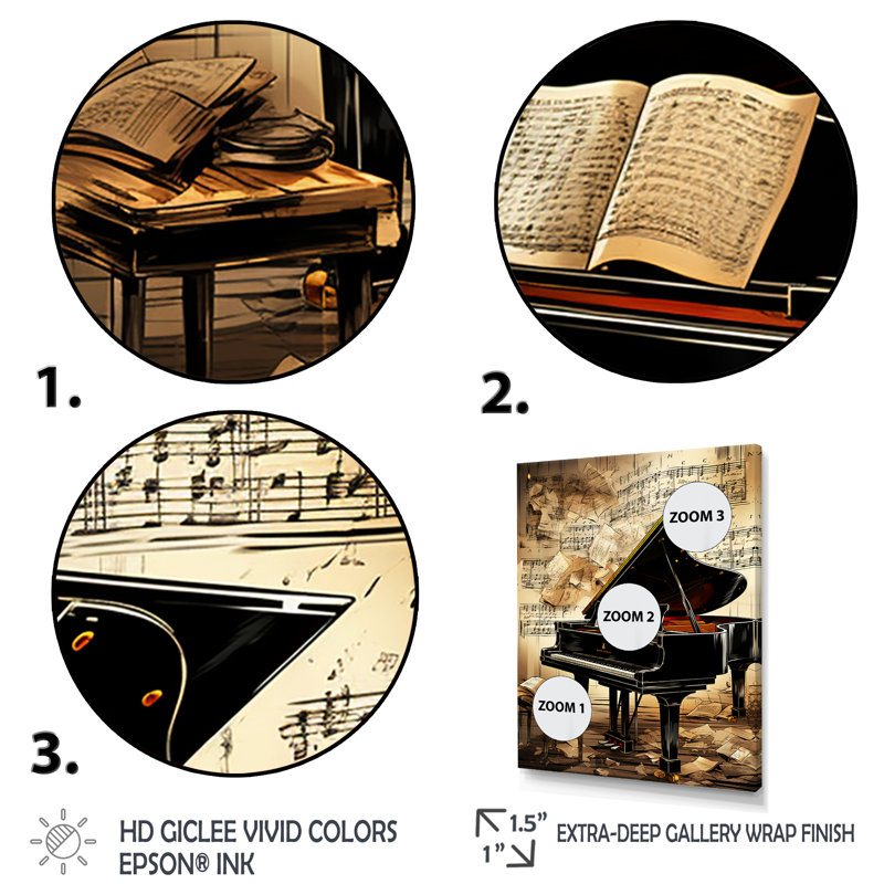 Classical Black Piano Sonata I - Piano, art mural, H 20 po x l 12 po x P 1 po, Cadre flottant doré