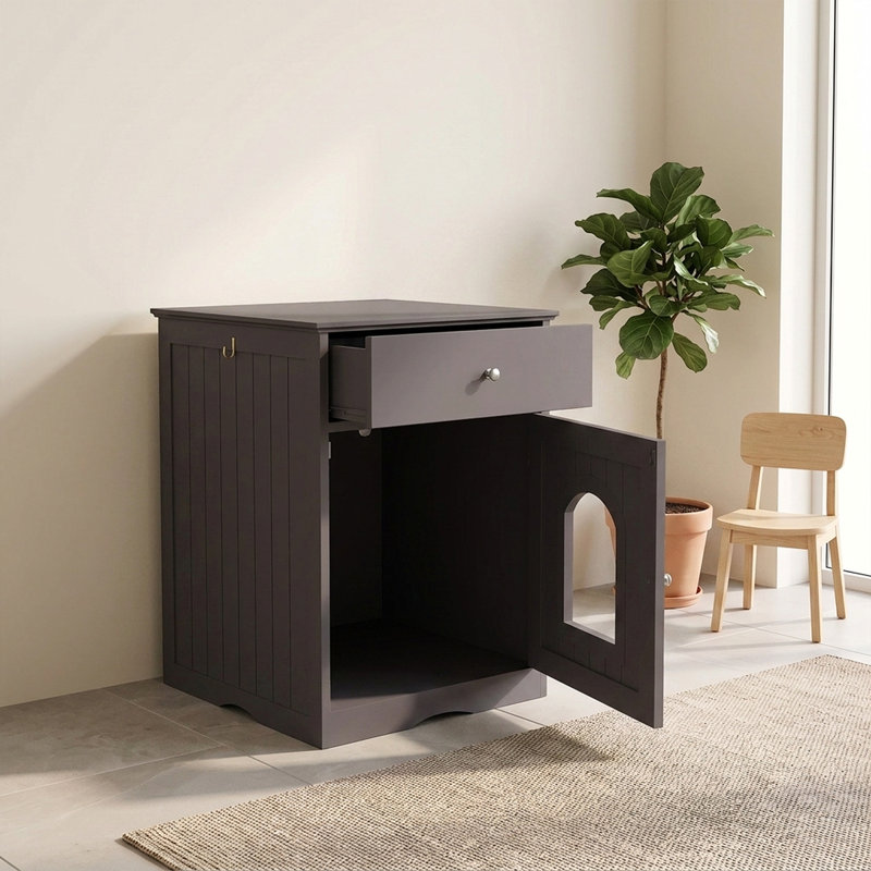 Meuble à litière pour chat avec tiroir, meuble de rangement dissimulant la litière, table d'appoint/chevet en bois pour animaux de compagnie, salle de bain intérieure pour chat