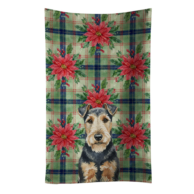 Welsh Terrier Christmas PoinsettIas Kitchen Towel, Black/Tan Welsh Terrier