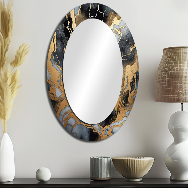 Gold And Grey Marble Glimmering Galaxies III - Gold Modern Oval Wall Mirror, 36" x 24"
