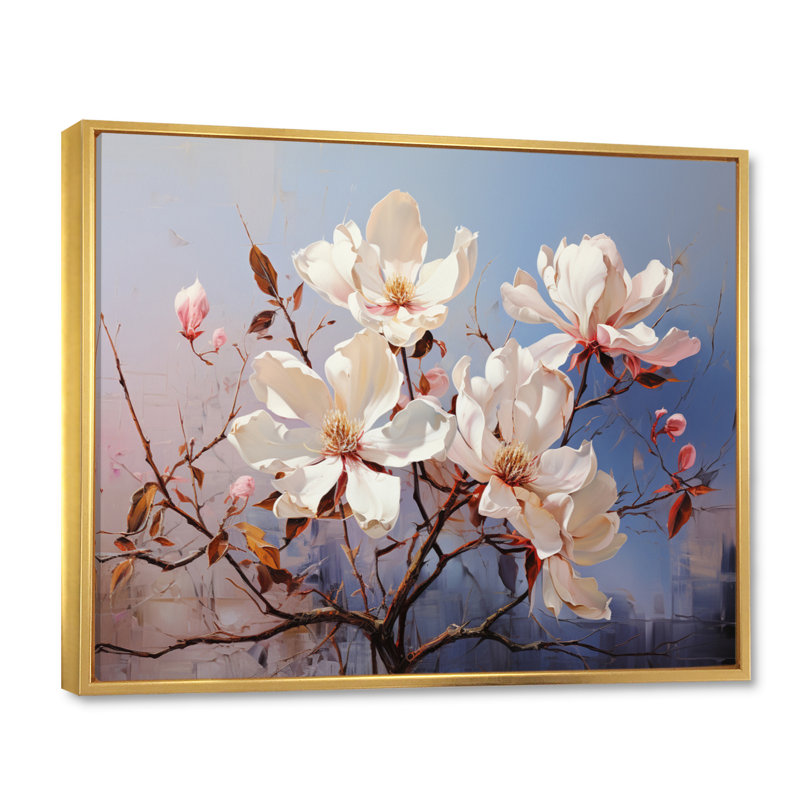 " White Blue Magnolias Romantic Impression ", H 24 po x l 32 po x P 1 po, Cadre flottant doré
