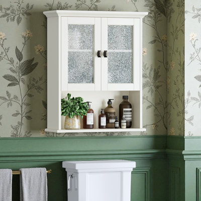 Wall Mount Bathroom Storage Cabinet, Medicine Cabinet with Tempered Glass Door (Cream White)