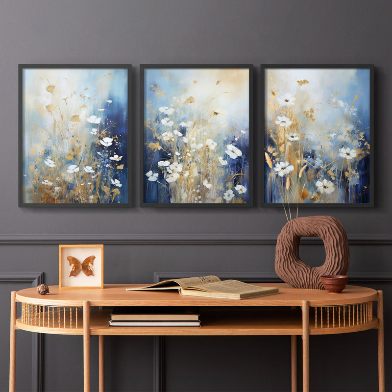 Floral Study  Series  XC  -Set Of 3 Framed Giclee Prints -Ready to Hang, 14" H x 33" W, Black