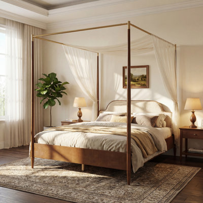 Easton Modern Fleece Upholstered 4-Post Canopy Bed Frame with Solid Wood Legs, Padded Headboard and Footboard