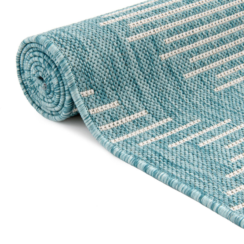 Tapis rayé en polypropylène tissé à la machine intérieur / extérieur gris / bleu, Rectangle 7 pi 1 po x 10 pi