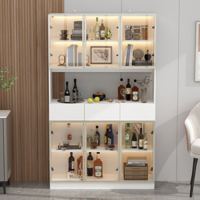 Hutch Cabinet, Kitchen Hutch With Light, Cabinet On Storage Island, Kitchenware Server With 3 Large Drawers, 6 Doors And 1 Open Shelf by Ivy Bronx