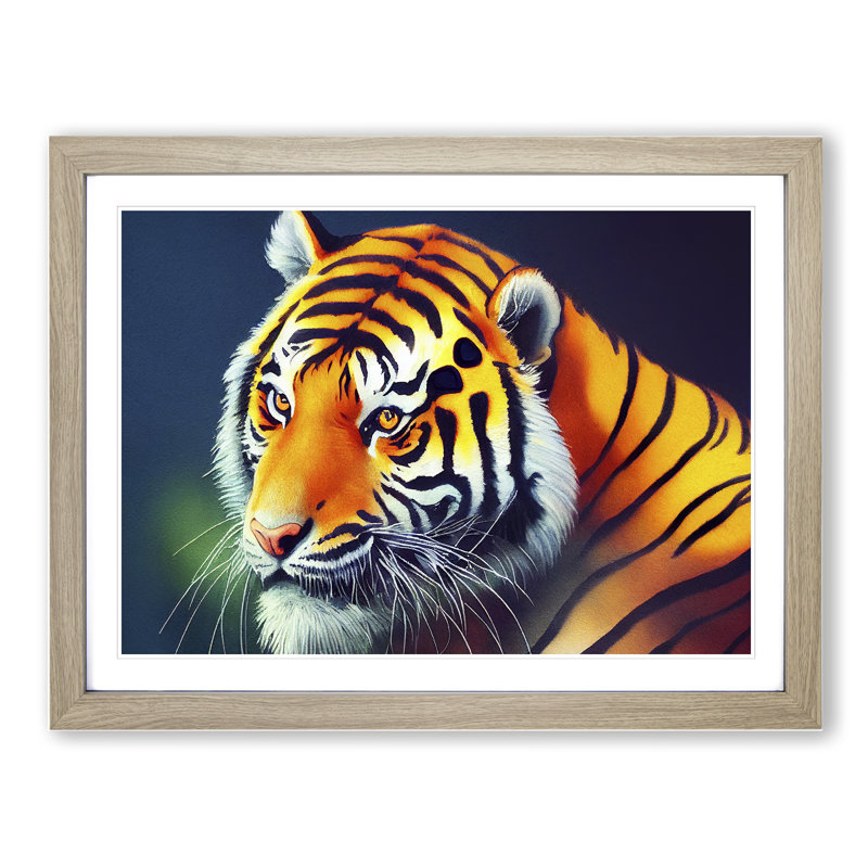 A Watercolour Tiger - Single Picture Frame Painting, 25cm H x 34cm W x 2cm D, Oak Framed