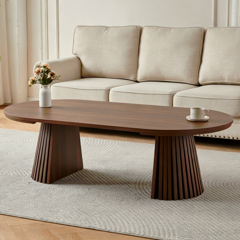 Table basse en bois ronde en bois, flexible et extensible, multifonctionnelle et peu encombrante, conception ovale tendance et pieds de table à lattes, table à thé ou bureau, table de salon moderne