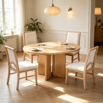 Solid Wood Round Dining Table Set for 4, Extendable Kitchen Table Set with 4 Upholstered Dining Chairs and 16inch Removable Leaf for Dining Room