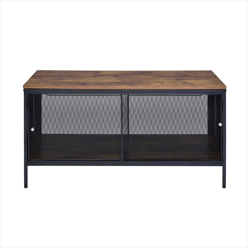 Rectangular Coffee Table with Antique Oak and Matte Black Finish, Solid Wood, Four Sliding Mesh Doors