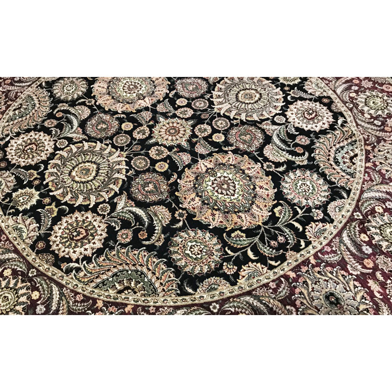 Tapis rond beige, noir et rouge noué à la main de haute qualité