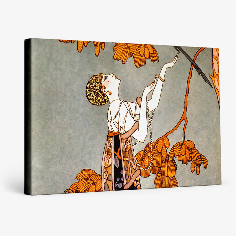 Femme avec oiseau et cage à oiseaux, 14" W x 11" H