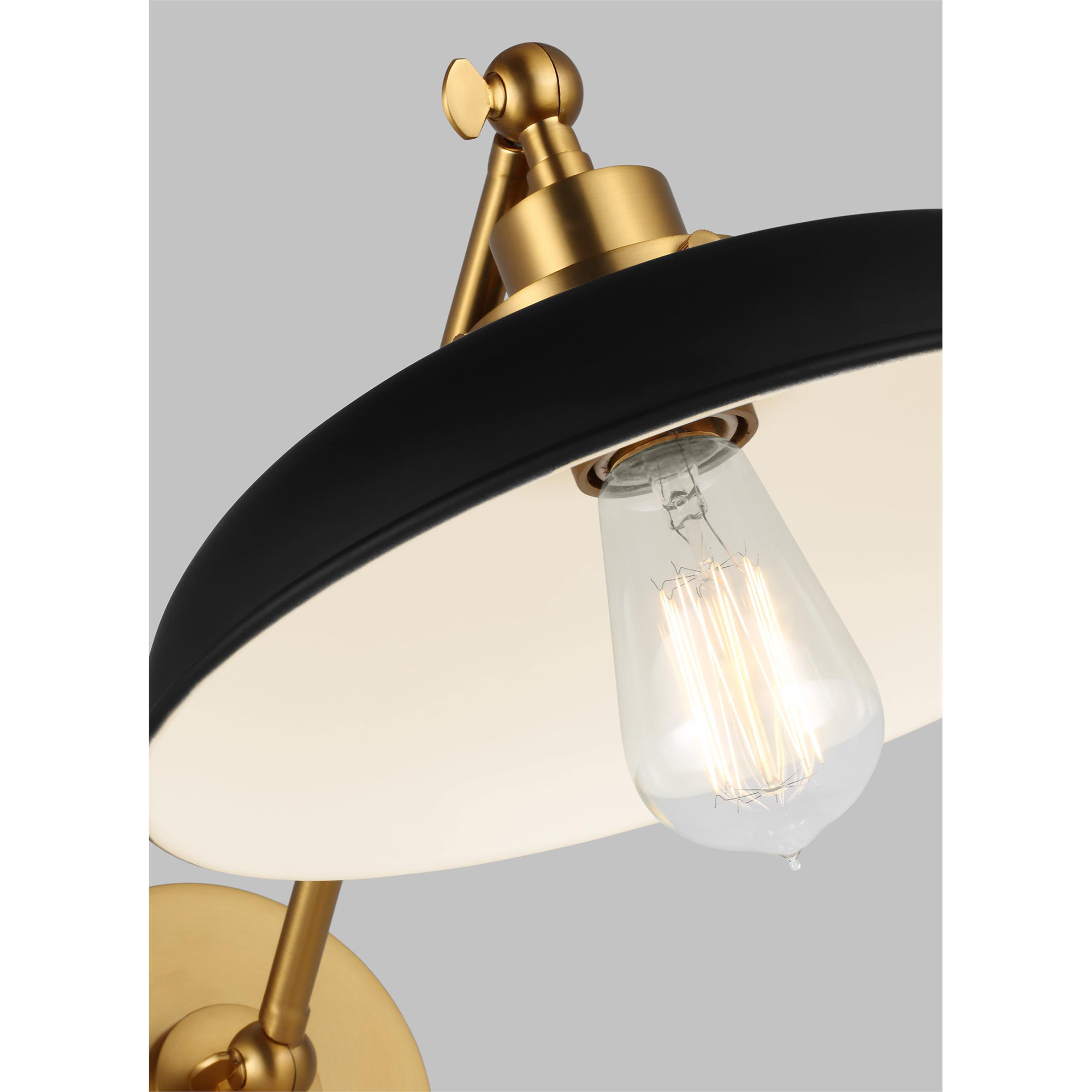 Single Light Steel Dimmable Armed Sconce, Burnished Brass, Midnight Black