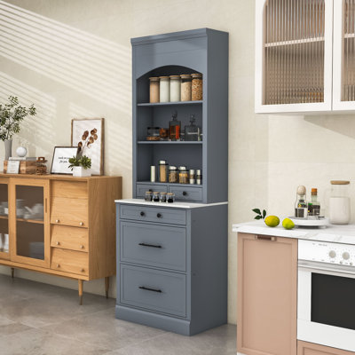 High Kitchen Pantry with Tall Faux Marble Top, Storage Shelves amd Drawers