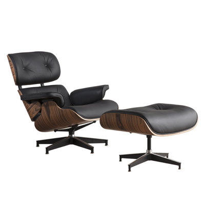  Black Genuine Leather Swivel Lounge Chair with Ottoman