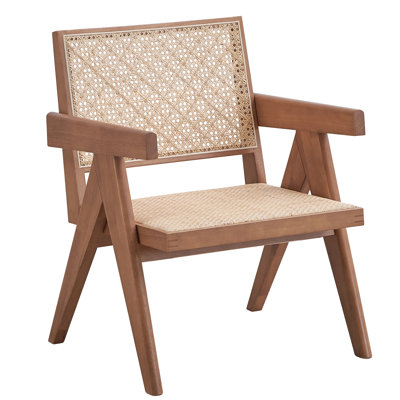 Chaise longue de patio à finition naturelle avec coussins en rotin et pieds en bois