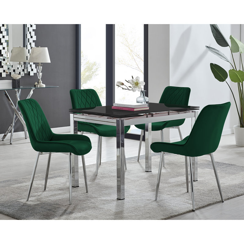 Tierra Modern Glass & Metal Extendable Dining Table Set & 4 Luxury Upholstered Velvet Dining Chairs, Green/Silver
