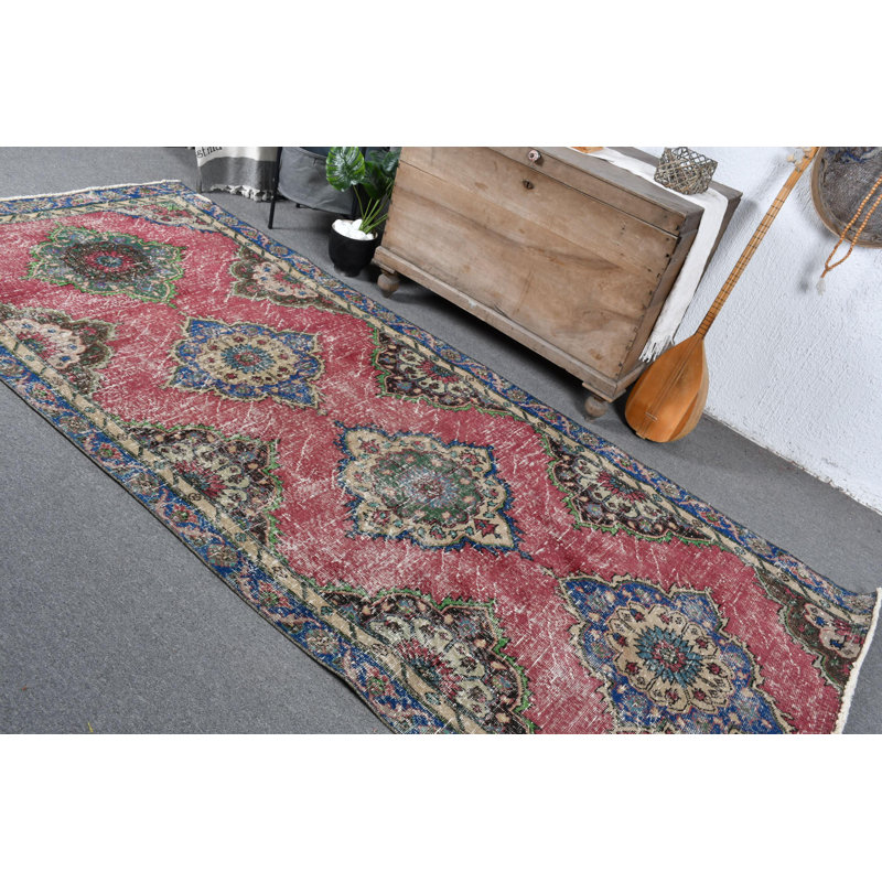 Grand tapis en laine turque Anatolian vintage rouge pour la cuisine et la maison - 12606 bleu / rouge