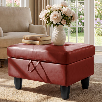 Rectangular Storage Ottoman Bench, Faux Leather Footrest With Hinged Lid, Coffee Table Stool For Living Room, Bedroom, Entryway, Red