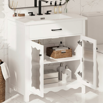 31-Inch Bathroom Vanity With Curved Profile, Soft-Close Doors, And High-Strength Rubber Wood Legs For A Long-Lasting Structure 31" Tempered Glass, Adjustable Shelves, Profile Contemporary