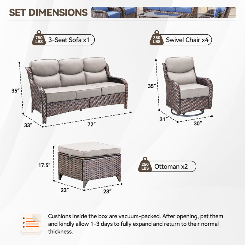 Ensemble de conversation d'extérieur en osier 7 pièces avec 4 fauteuils pivotants et repose-pieds Meriline, Beige, Brun