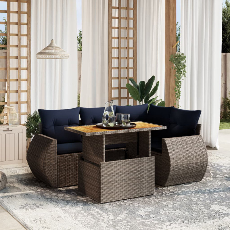  Ensemble de canapé de patio 5 pièces avec coussins en rotin de polyester, Gris, Bleu