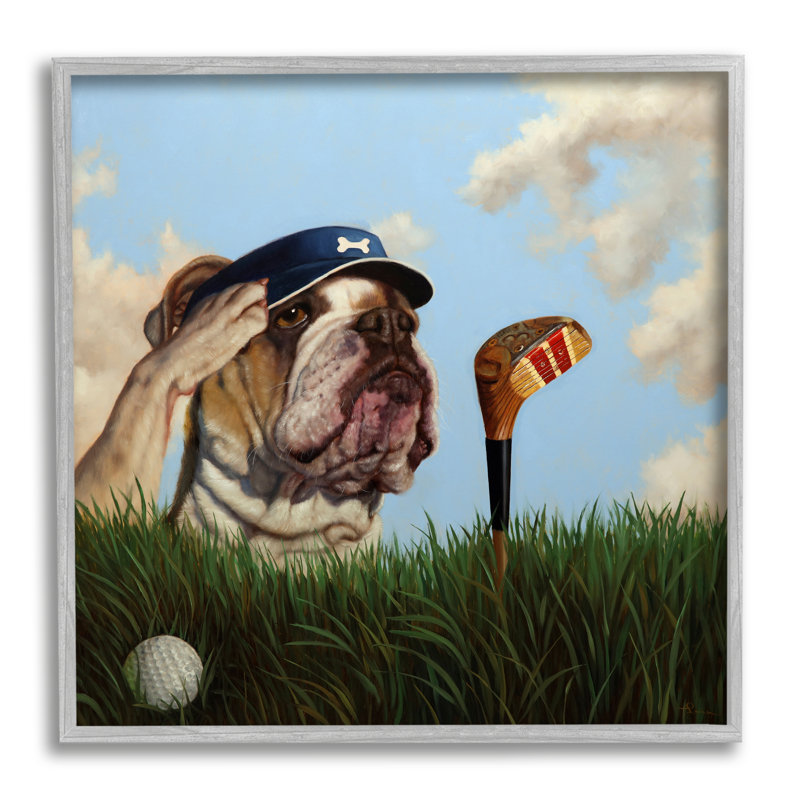 «Bulldog Golfing Illustration» par Lucia Heffernan, H 24 po x l 24 po x P 1,5 po, Estampe numérique Farmhouse