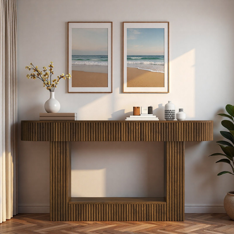 Table de console 62,9 po avec plateau incurvé spacieux et conception rainurée