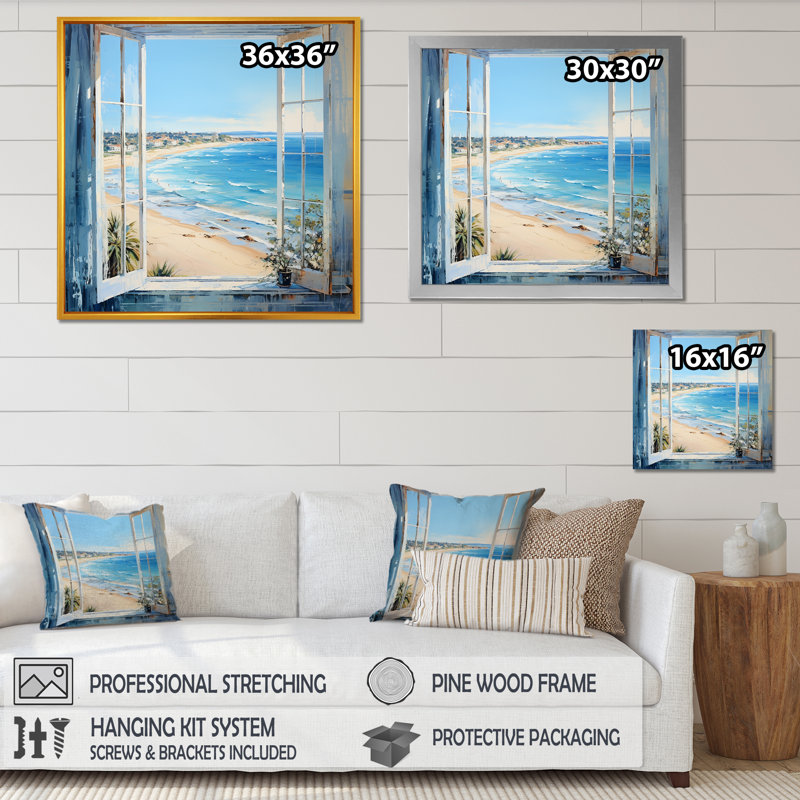 «Coastal Window View By The Beach III» - art mural côtier, H 30 po x l 30 po x P 1,5 po, Toile tendue