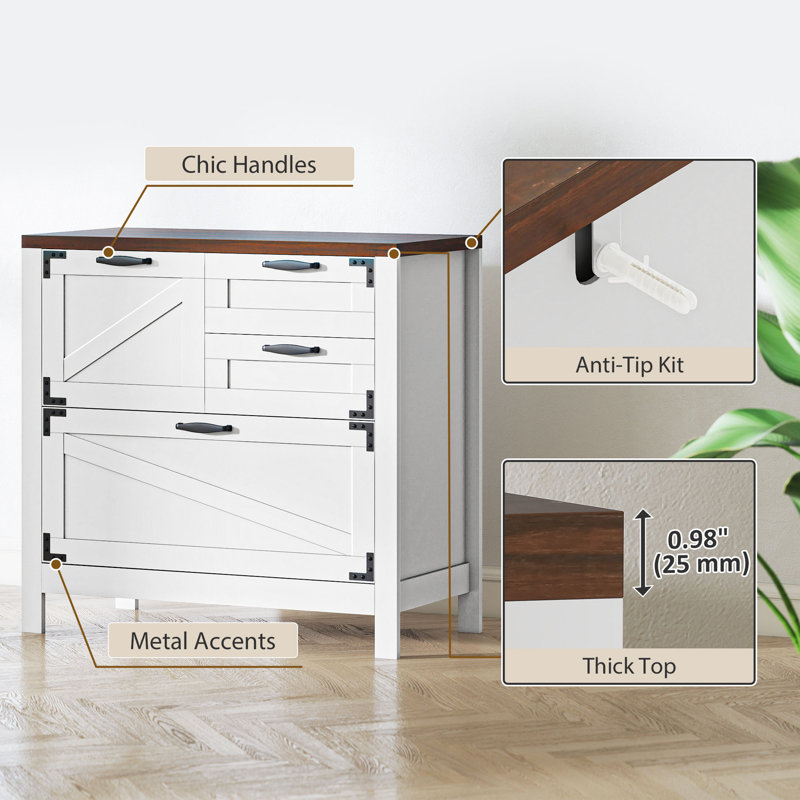 Classeur à 4 tiroirs, classeur latéral Farmhouse avec rails de suspension réglables pour dossiers de format lettre / A4 / légal, support pour imprimante pour bureau personnel, blanc, bois