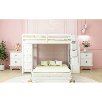 Twin Over Full Bunk Bed In White With Functional Storage Elements - Transform Your Bedroom Into A Practical Space With 3-Layer Shelves, Drawers, And Stairs