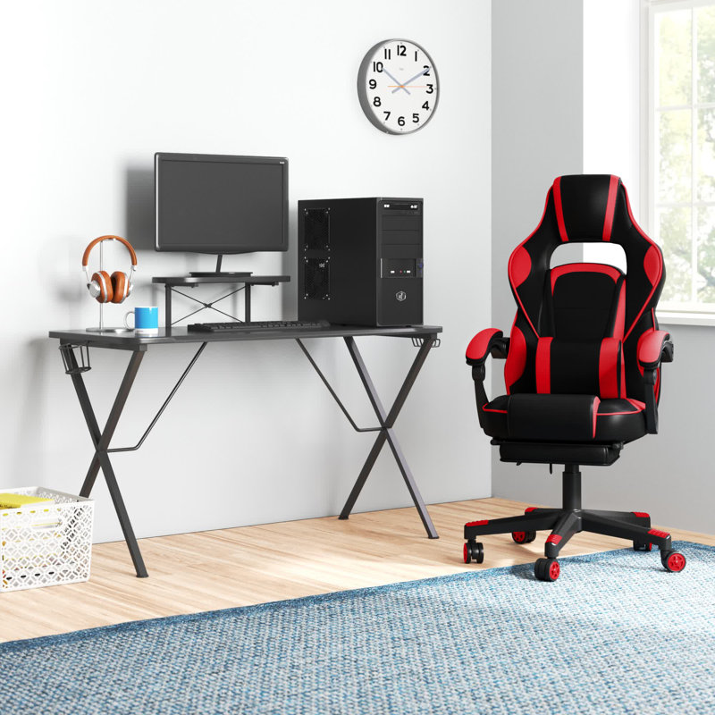 Bridesdale Gaming Bundle-Cup/Headphone Desk & Reclining Footrest Chair, Black/Red