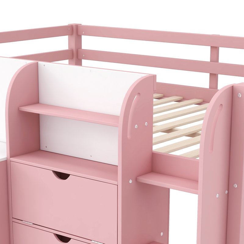 Lit mezzanine double en bois massif avec bureau intégré, armoires de rangement, bibliothèque, Rose