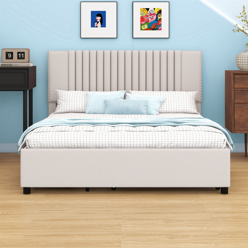 Lit plateforme tapissier avec 2 tiroirs et lit gigogne, tête de lit classique, Beige, Grand lit