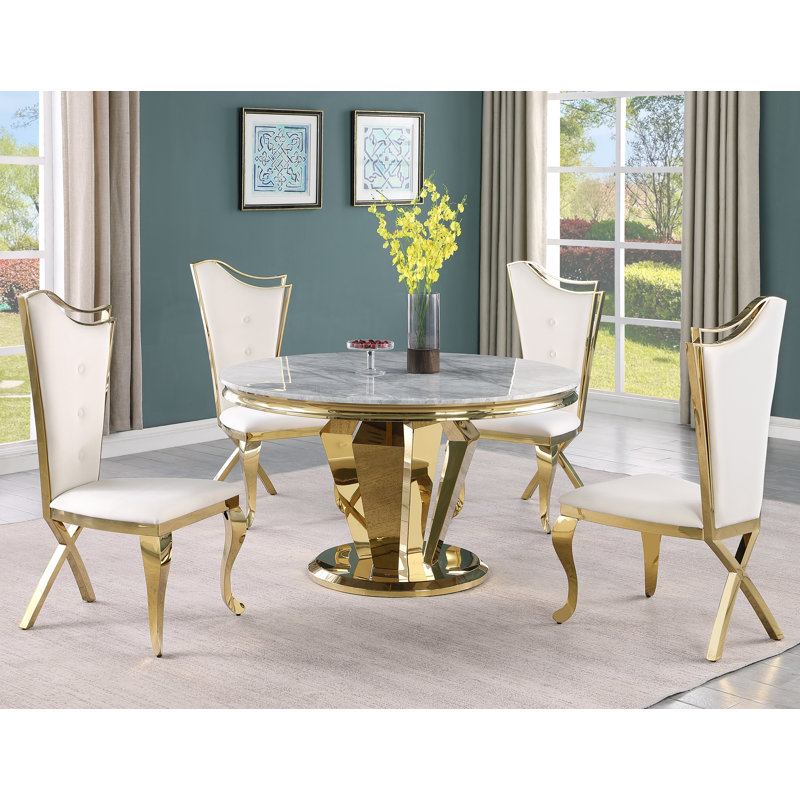 Baltz 4 - Person Pedestal Dining Set, Gold, Black/Gold